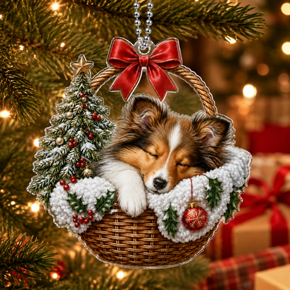 Dog Chrismast With Wicker Basket Sheepdog
