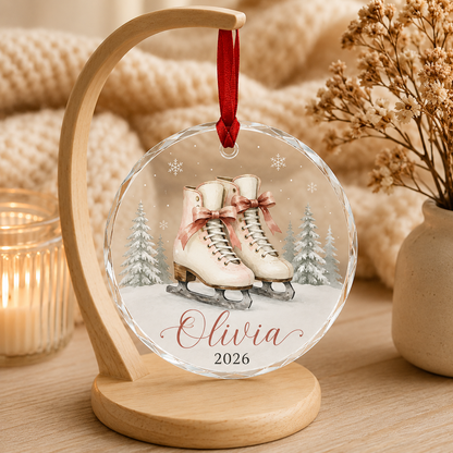 Custom Photo Sport Glass Ornament Ice Skating Pink Skates