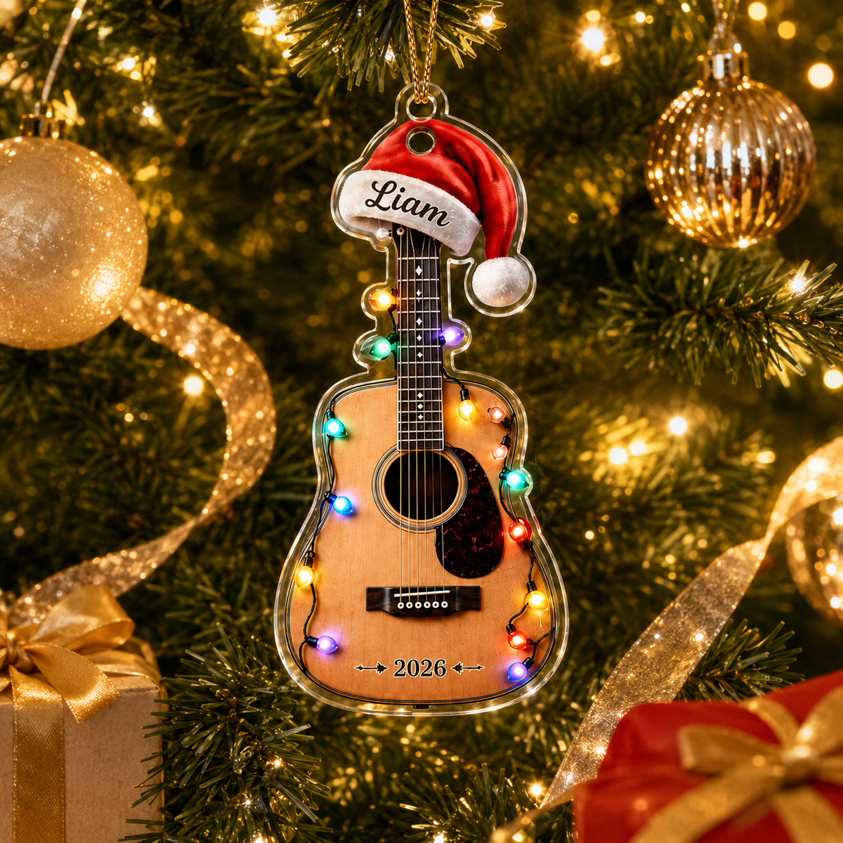 Guitar Custom Name Acrylic - Acoustic Guitar Santa Hat and Lights