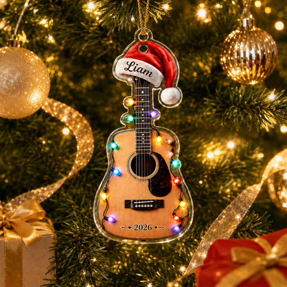 Guitar Custom Name Acrylic - Acoustic Guitar Santa Hat and Lights