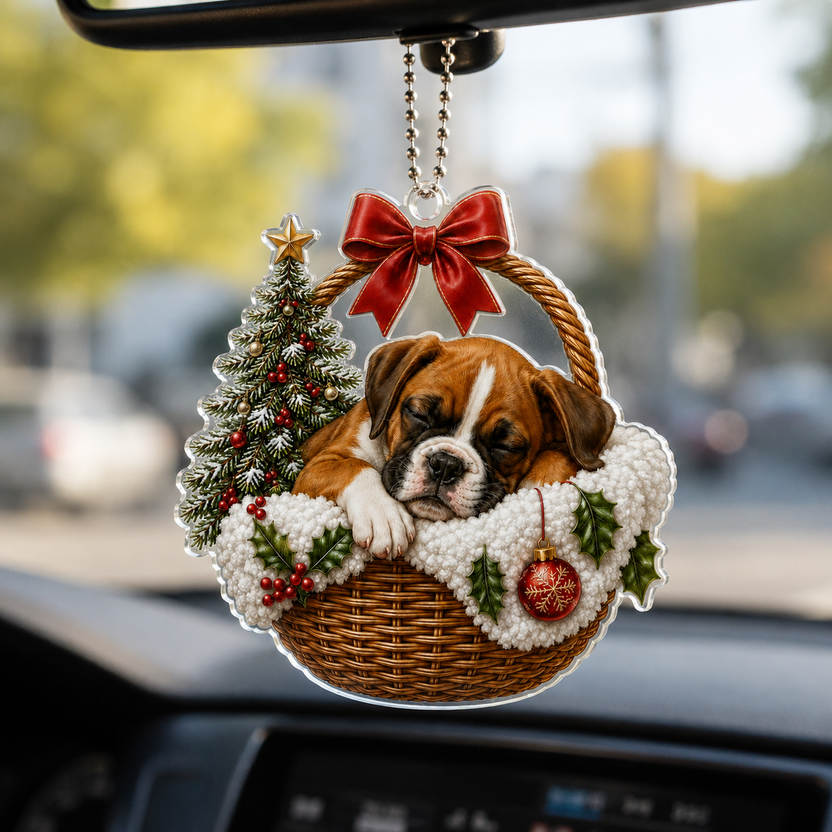 Dog Chrismast With Wicker Basket Boxer
