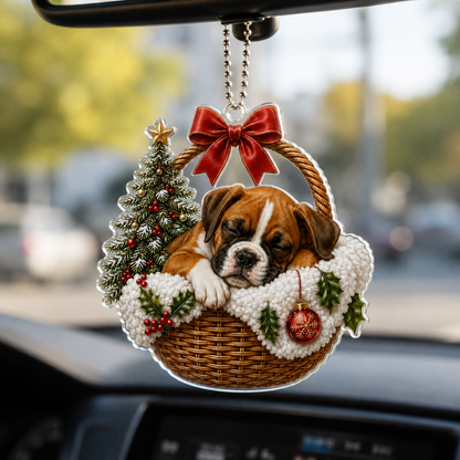 Dog Chrismast With Wicker Basket Boxer