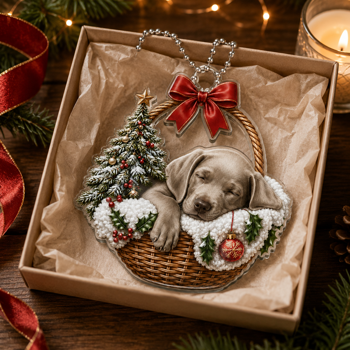 Dog Chrismast With Wicker Basket Weimaraner
