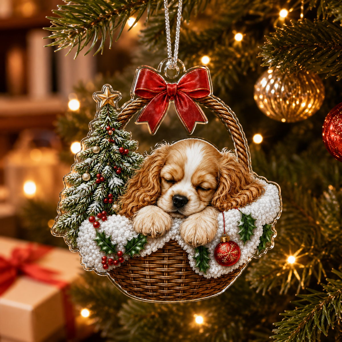 Dog Chrismast With Wicker Basket  Spaniel