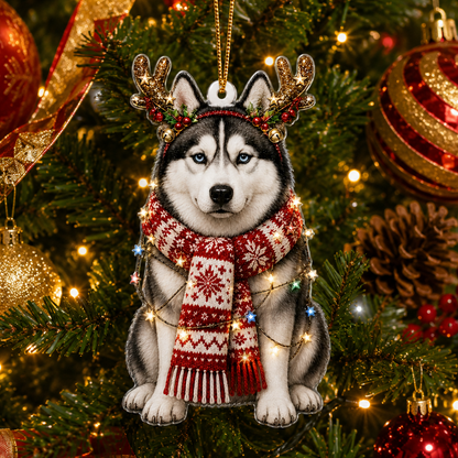 Dog Decor with Antlers & Scarf Siberian Husky