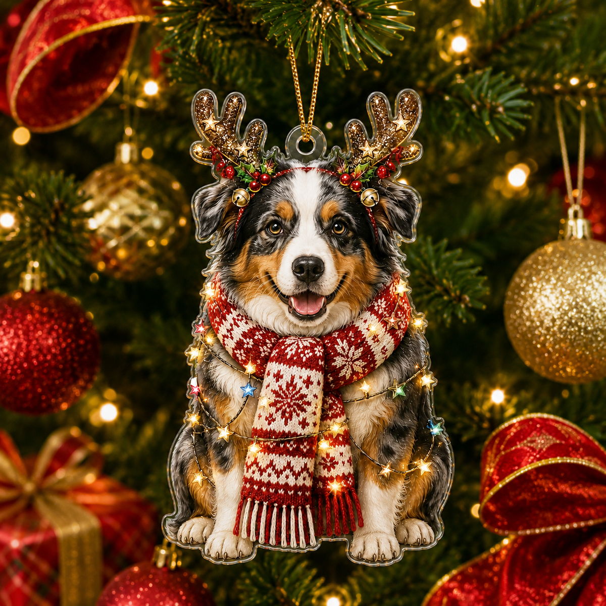 Dog Decor with Antlers & Scarf Australian Shepherd