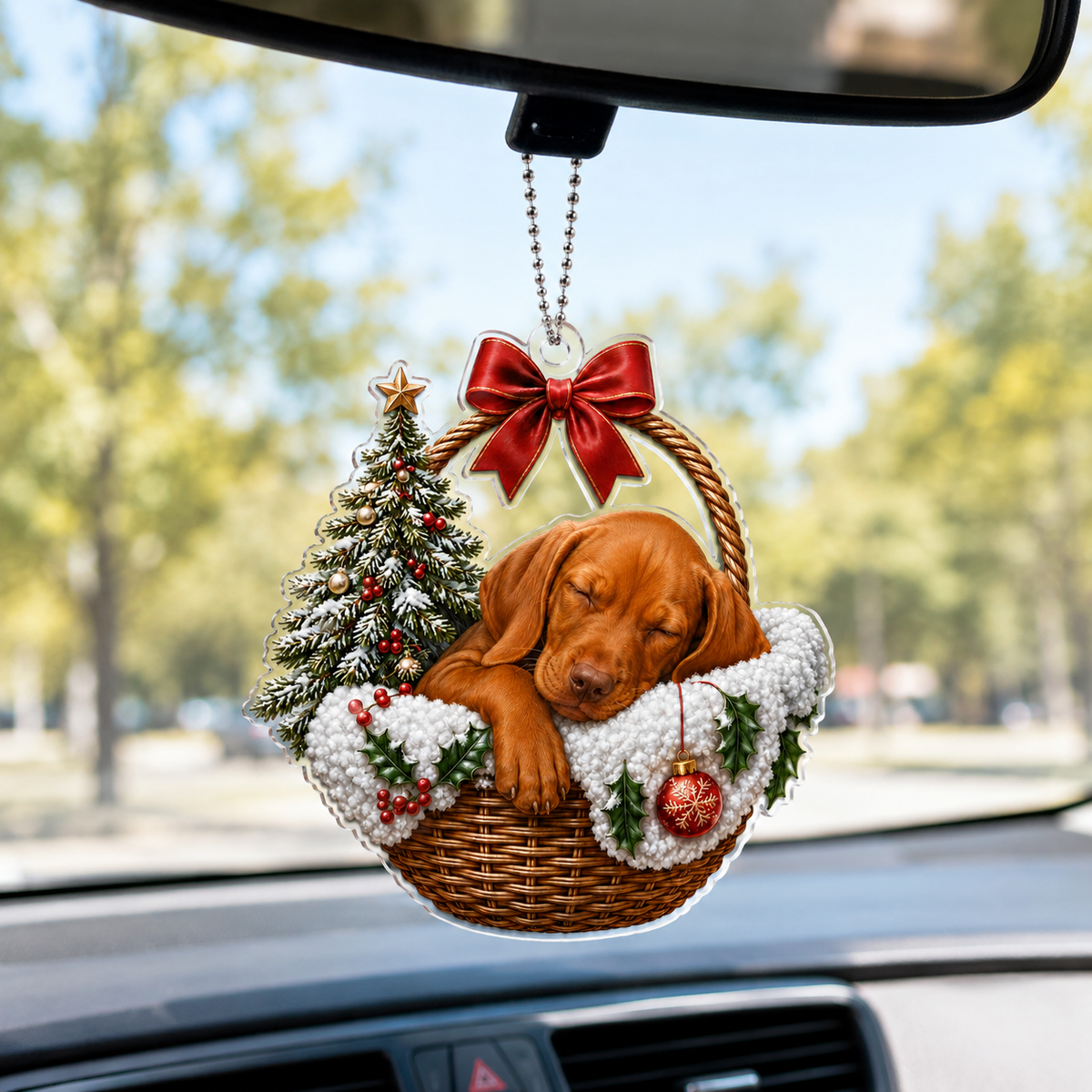 Dog Chrismast With Wicker Basket Vizsla