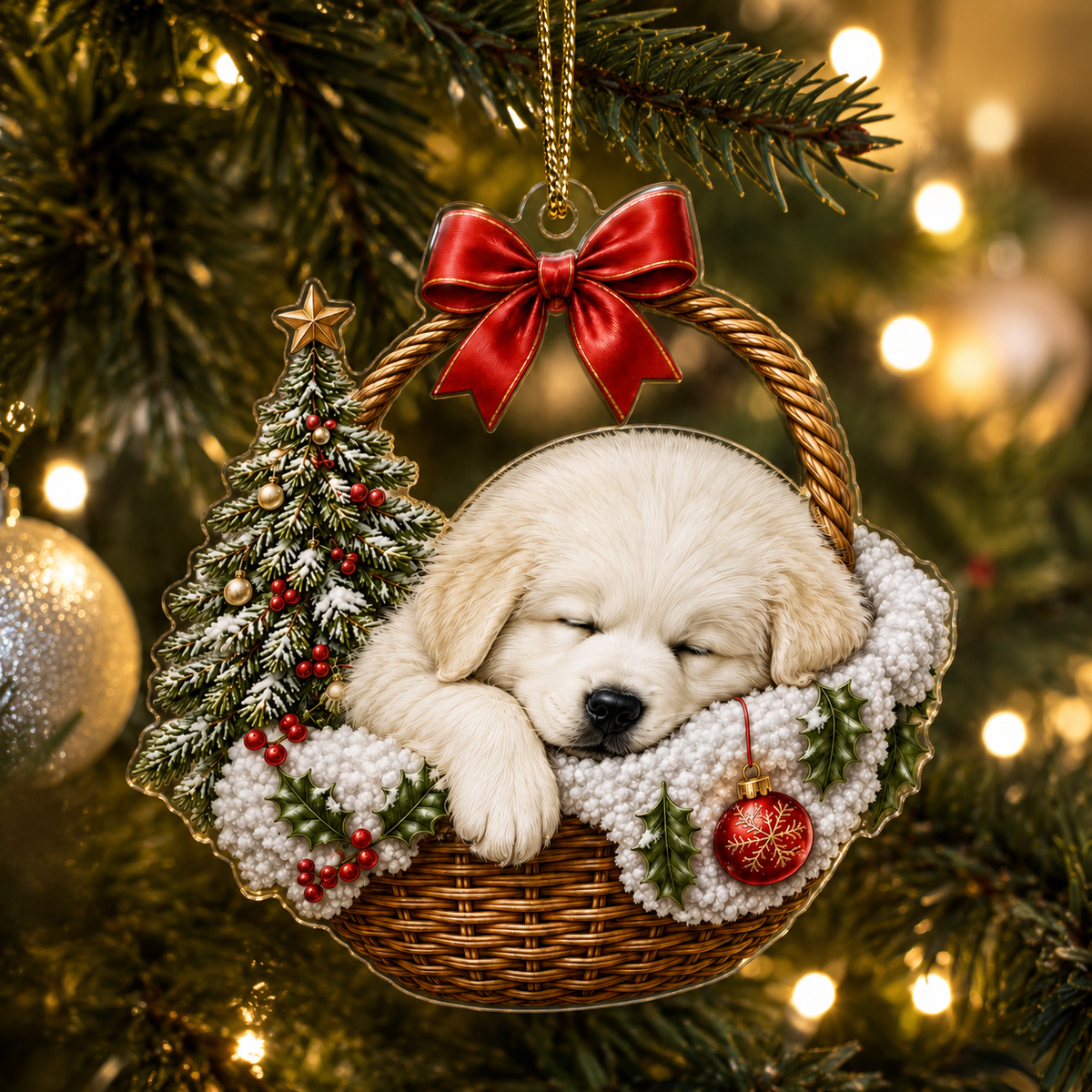 Dog Chrismast With Wicker Basket Golden Retriever