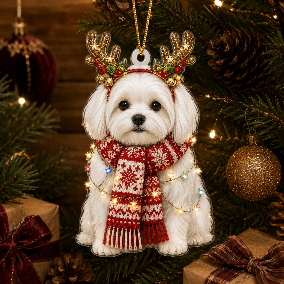 Dog Decor with Antlers & Scarf Maltese