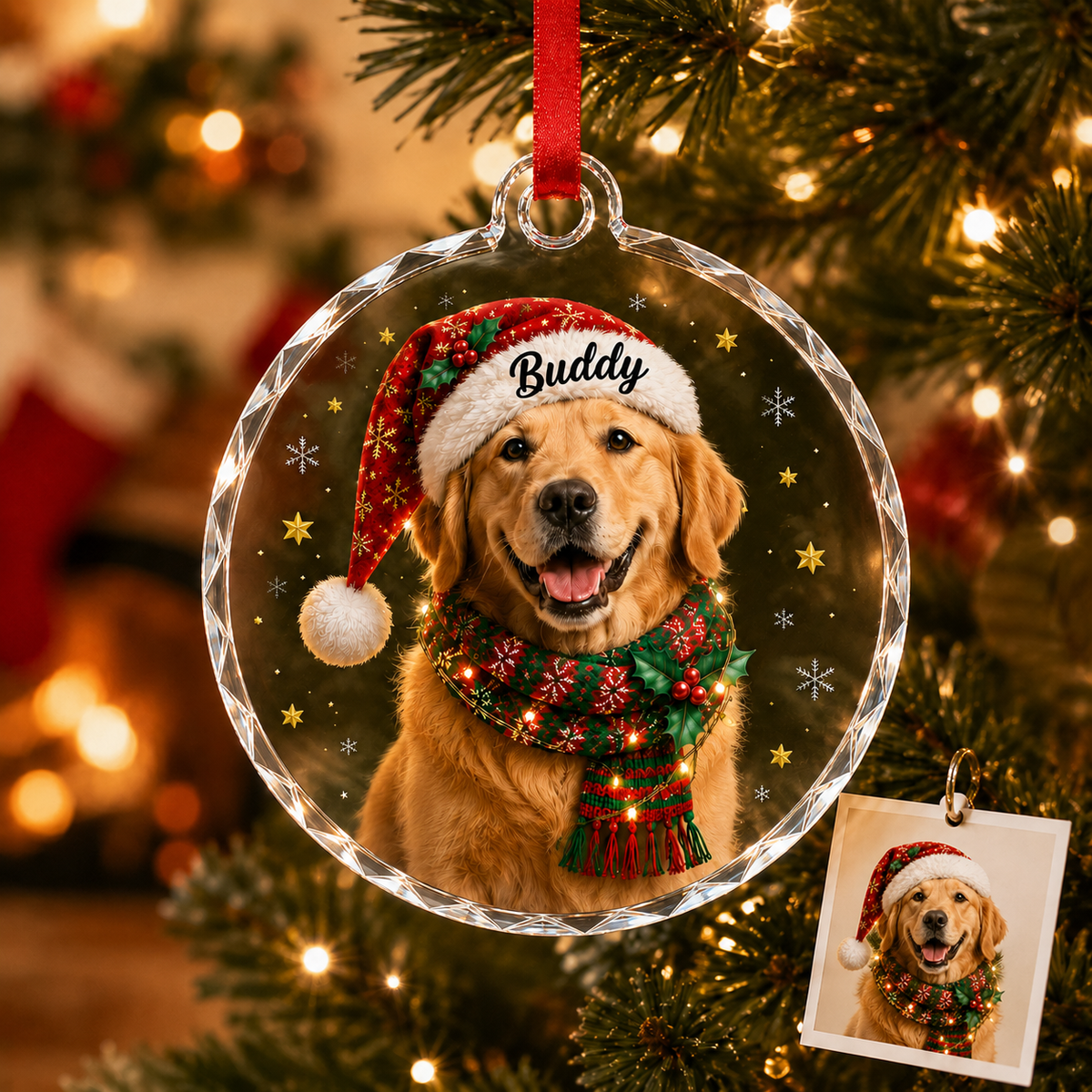 Custom Photo Dog Glass Potrait Dog With Santa Hat