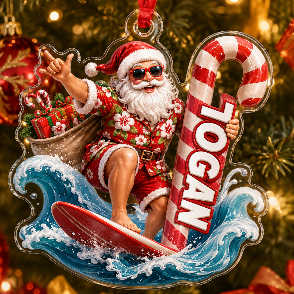Surfing Personalize Acrylic Santa Surfing