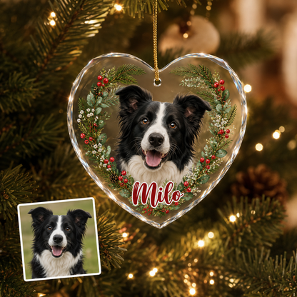 Custom Photo Dog Glass Dog With Christmas Wreath