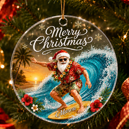Surfing Personalize Acrylic Tropical Santa Surfing