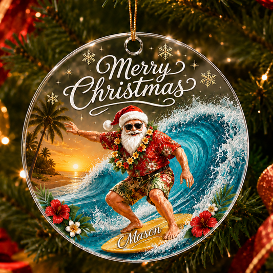 Surfing Personalize Acrylic Tropical Santa Surfing