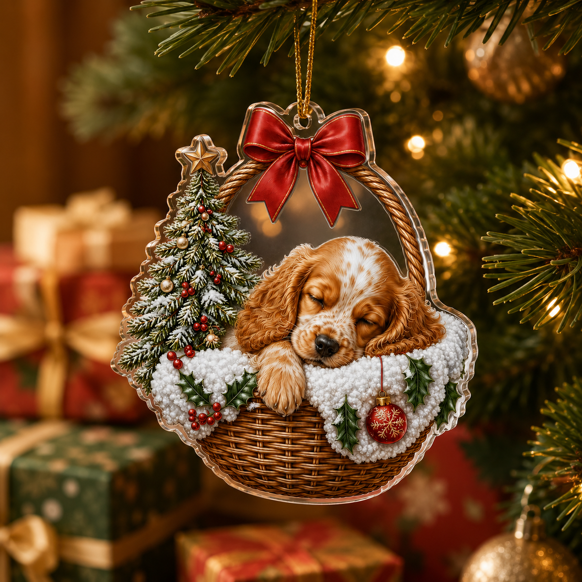 Dog Chrismast With Wicker Basket Spaniel