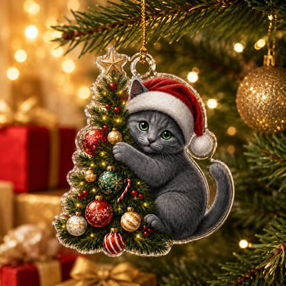 Cat With Christmas Tree Russian Blue