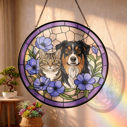 Custom Dog & Cat Stained Glass Suncatcher – Personalized Pet Portrait Window Hanging THUC99
