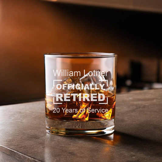 Officially Retired Engraved Whiskey Glass | Etched Whiskey Glass Gift | Engraved Gift For Retirement