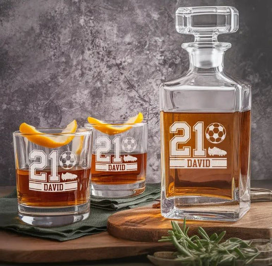 Custom Soccer Name And Number Whiskey Glass And Decanter Set | Best Gift For Soccer Player | Engraved Gift For Sport Lover