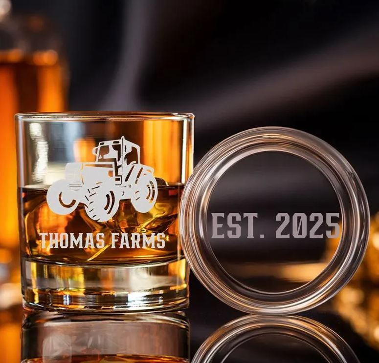 Custom Farm Name Whiskey Glass | Tractor Glass | Personalized Whiskey Glass