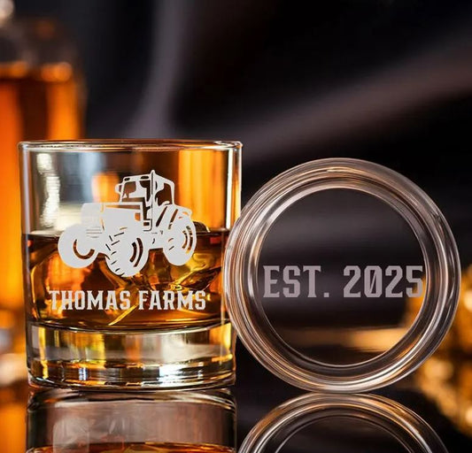 Custom Farm Name Whiskey Glass | Tractor Glass | Personalized Whiskey Glass