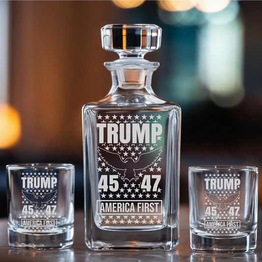 Trump 45/47 Whiskey Decanter - "America First" Engraved Glass Decanter | Patriotic Gift for Trump Supporters | MAGA Gifts
