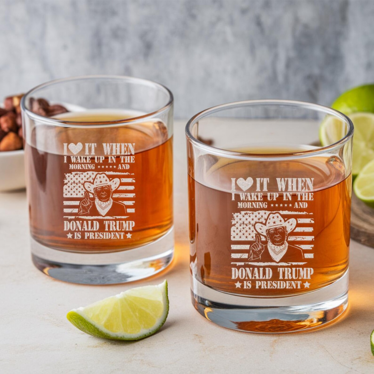 I Love It When I Wake Up And Trump Is President 2025 Whiskey Glass | Engraved 45-47th President Trump | Funny Political Gift for Trump Fans