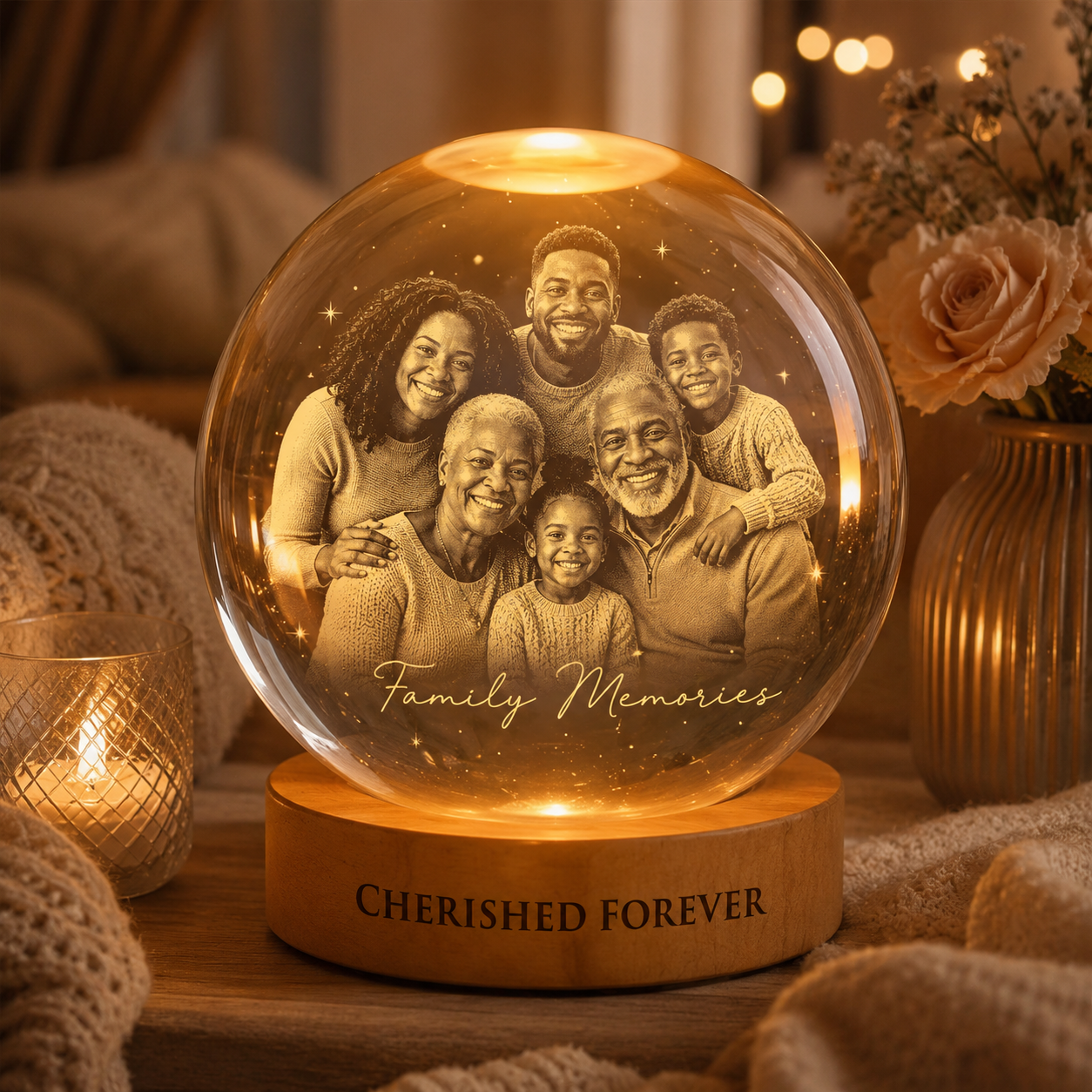 Custom Photo Family Crystal Ball Lamp, Personalized Dad Gift To Grandpa Dad THUC99
