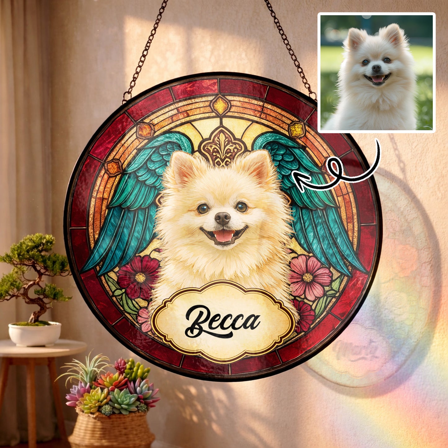 Personalized Dog Name Stained Glass Suncatcher – Custom Pet Window Hanging Gift (THUC99)