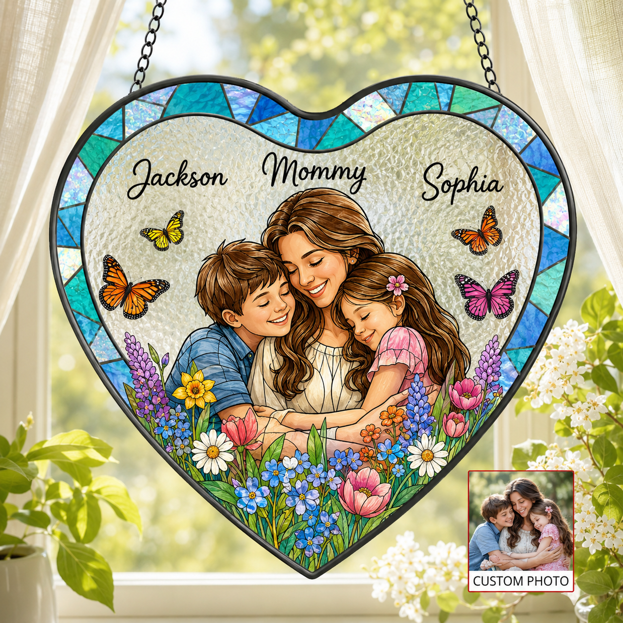 Custom Photo Grandpa & Kids Stained Glass Suncatcher, Personalized Mom Portrait Window Decor THUC99