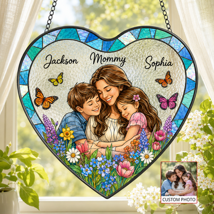 Custom Photo Grandpa & Kids Stained Glass Suncatcher, Personalized Mom Portrait Window Decor THUC99