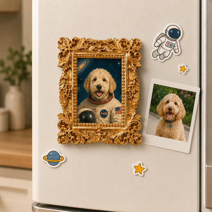 Personalized Dog Astronaut Keepsake Magnet, Custom Pet Photo Vintage Frame Magnet, Dog Memorial Gift THUC99