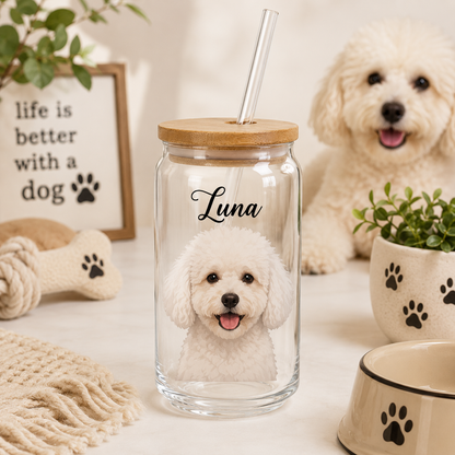 Custom Pet Portrait Sipper Glass – 16oz Personalized Cup with Bamboo Lid and Straw THUC99