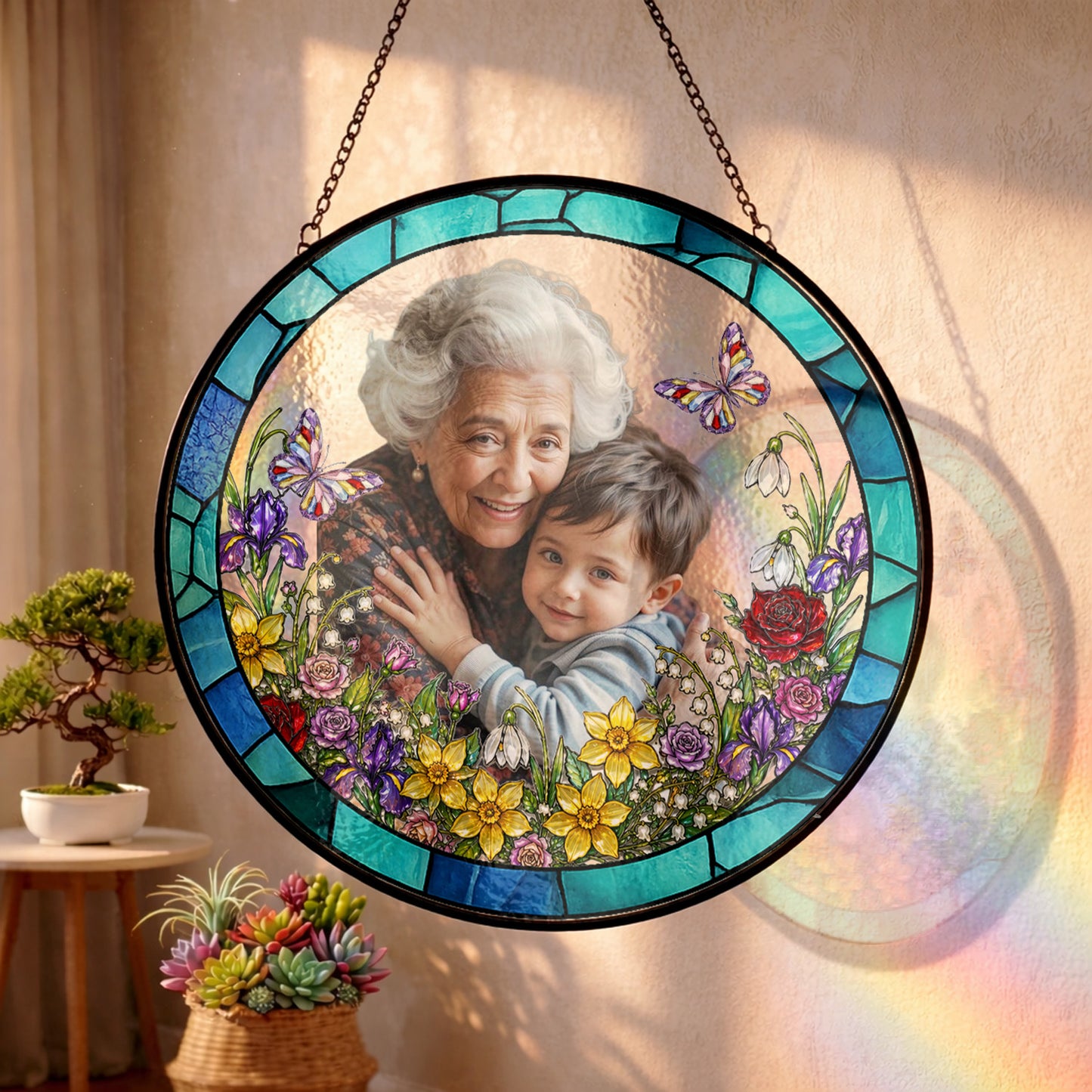 Custom Grandma Photo Stained Glass Suncatcher – Personalized Portrait Window Hanging (THUC99)