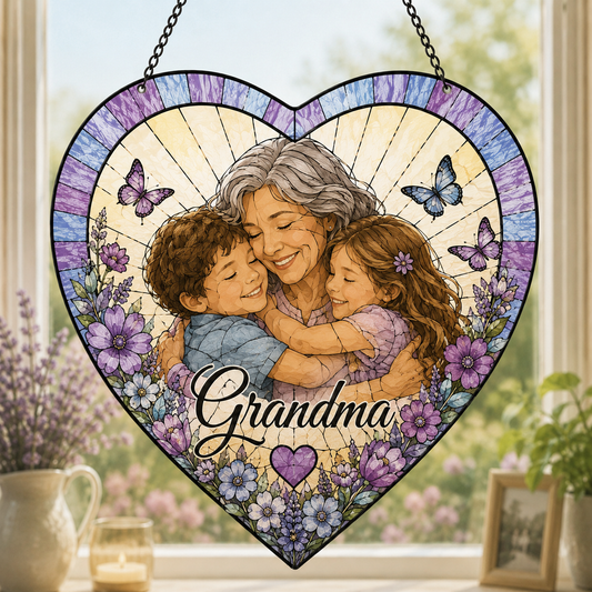 Custom Photo Mom Stained Glass Suncatcher, Personalized Mother’s Day Family Portrait Window Hanging Gift THUC99
