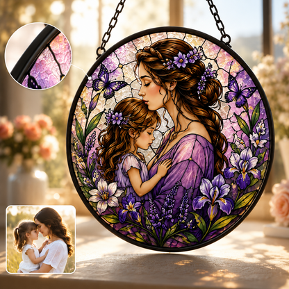 Custom Family Photo Stained Glass Window Hanging, Personalized Mom and Grandma Suncatcher Gift THUC99