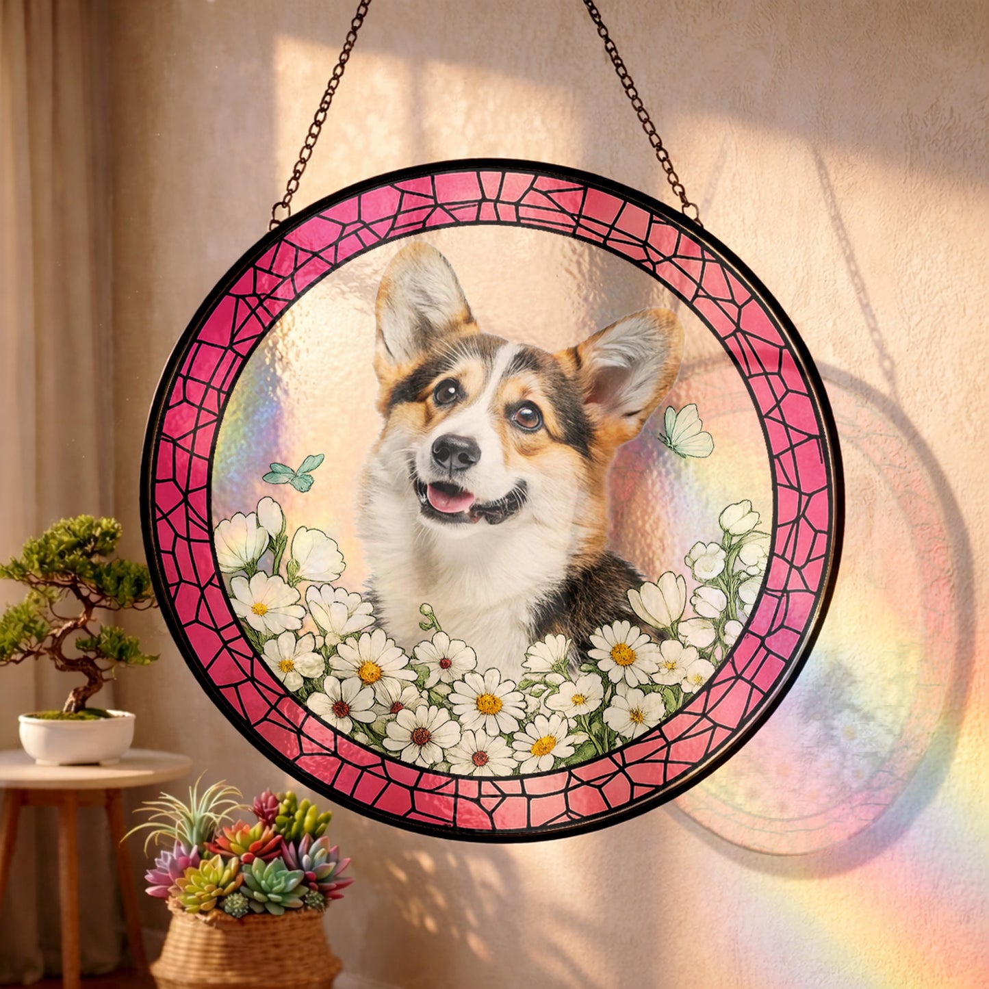 Custom Pet Photo Stained Glass Suncatcher – Personalized Dog Portrait Window Hanging (THUC99)