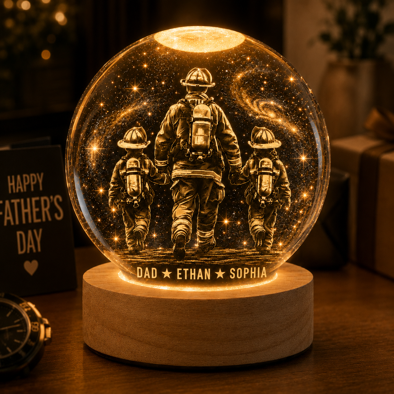 Custom Dad Firefighter Crystal Ball Light, Personalized Name Kid Night Light Gift For Dad THUC99