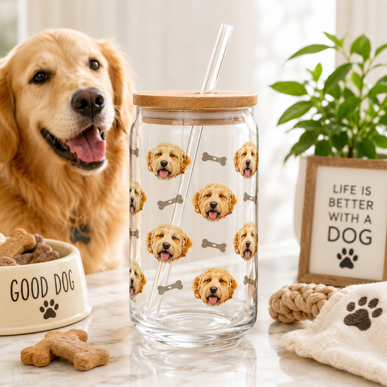 Custom Dog Photo Sipper Glass 16oz – Personalized Glass Tumbler with Bamboo Lid & Straw THUC99