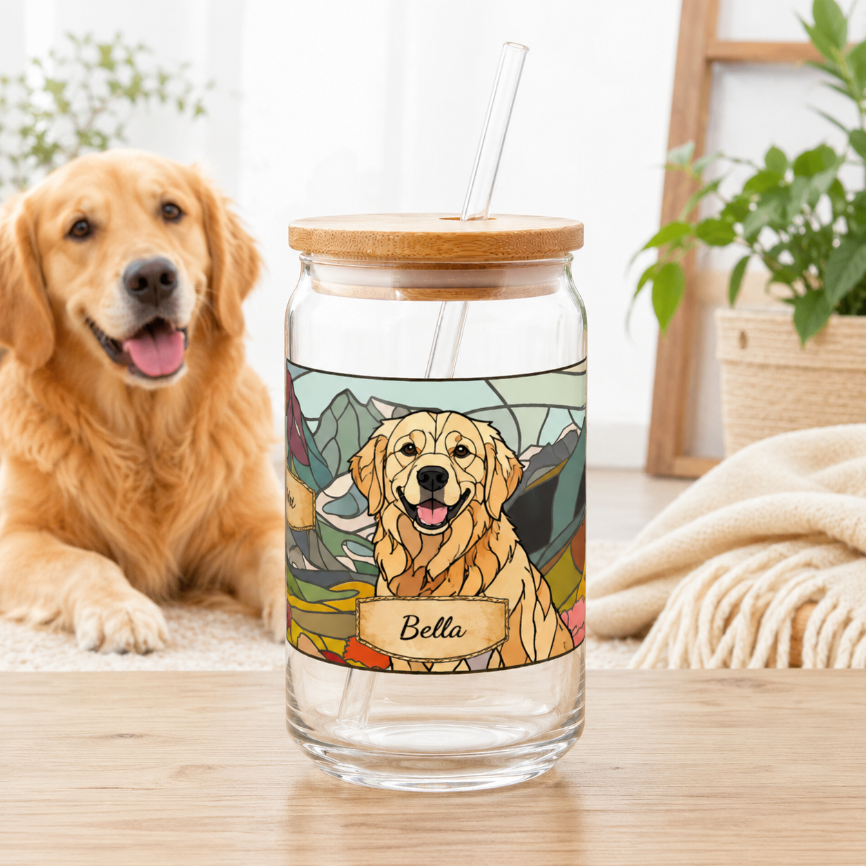 Custom Pet Image Sipper Tumbler – 16oz Glass Cup with Bamboo Lid and Straw THUC99