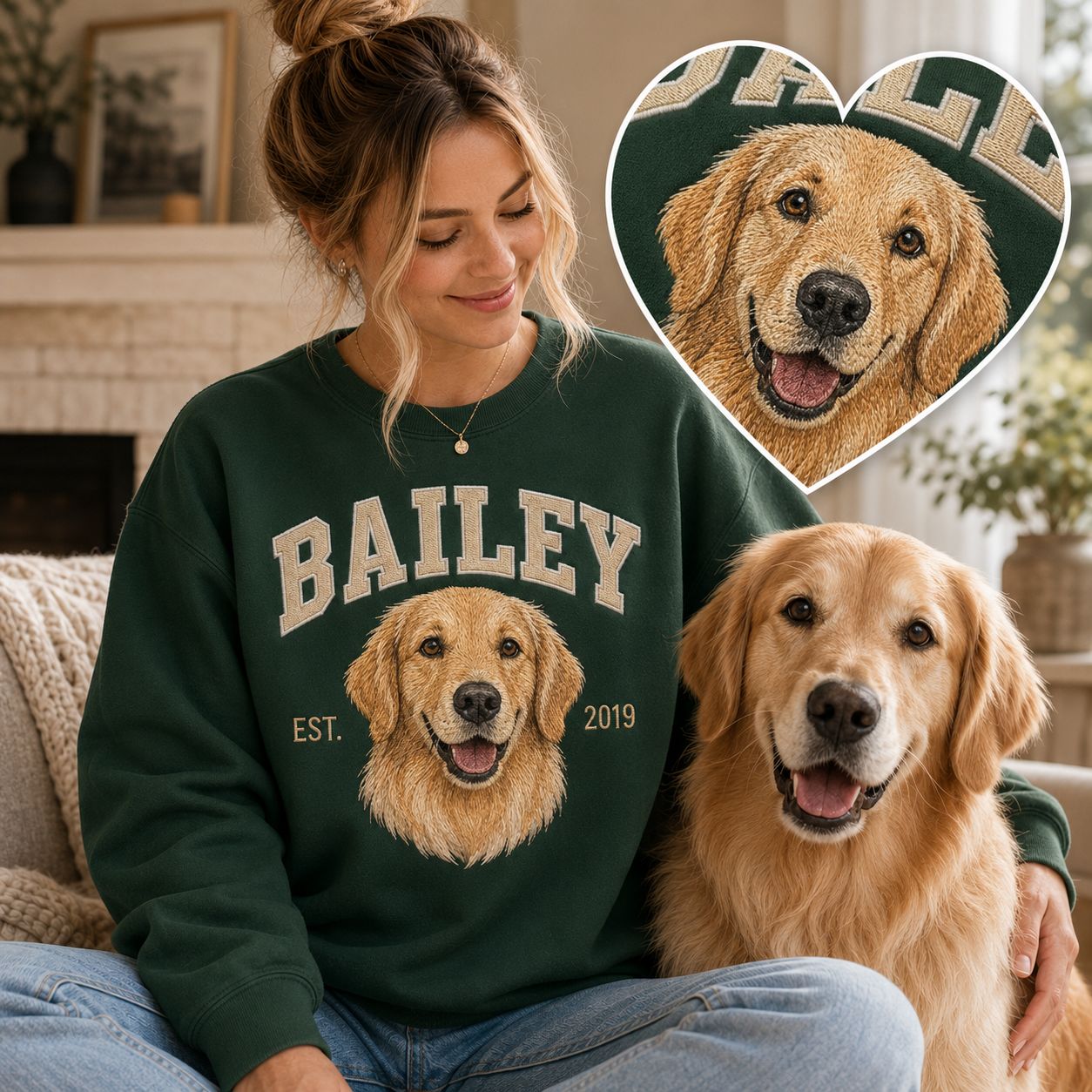 Custom Dog Photo Embroidered Sweatshirt – Personalized Pet Portrait Sweatshirt THUC99