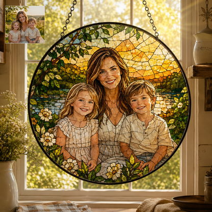 Personalized Family Photo Stained Glass Suncatcher, Custom Portrait Window Hanging Keepsake Decor THUC99