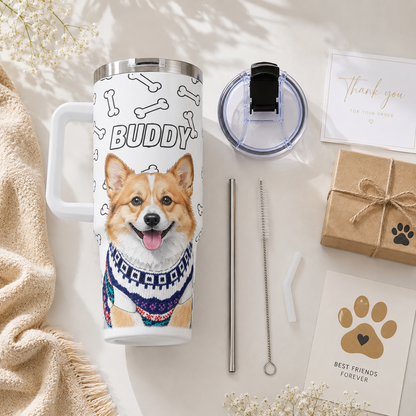 Custom Photo Dog 40oz Tumbler with Handle – Personalized Pet Portrait Travel Cup for Dog Lovers THUC99