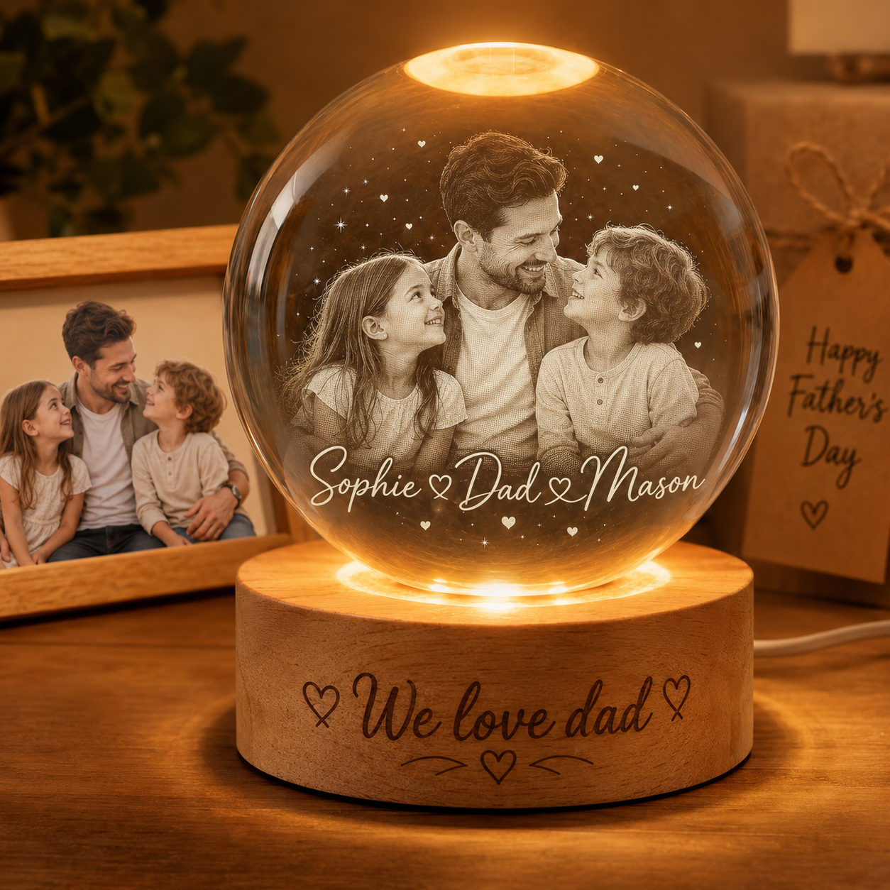 Custom Dad Crystal Night Light, Personalized Family Photo Grandpa Crystal Ball Gift THUC99