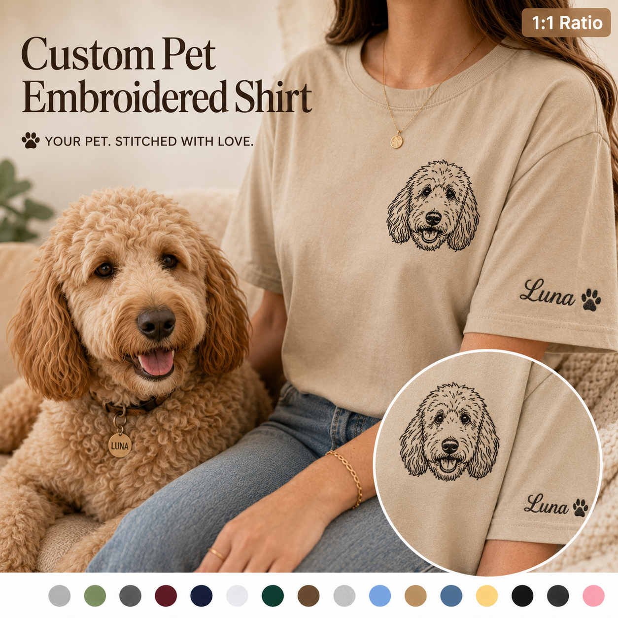 Personalized Dog Photo Embroidered Shirt, Custom Pet Portrait T-Shirt, Dog Mom Gift THUC99