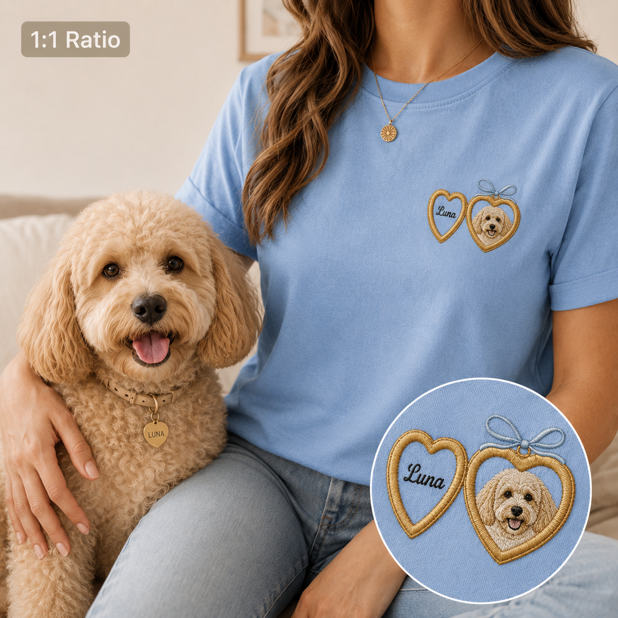 Personalized Pet Portrait Embroidered Tee, Custom Dog Photo Shirt, Gift For Dog Mom Dad THUC99