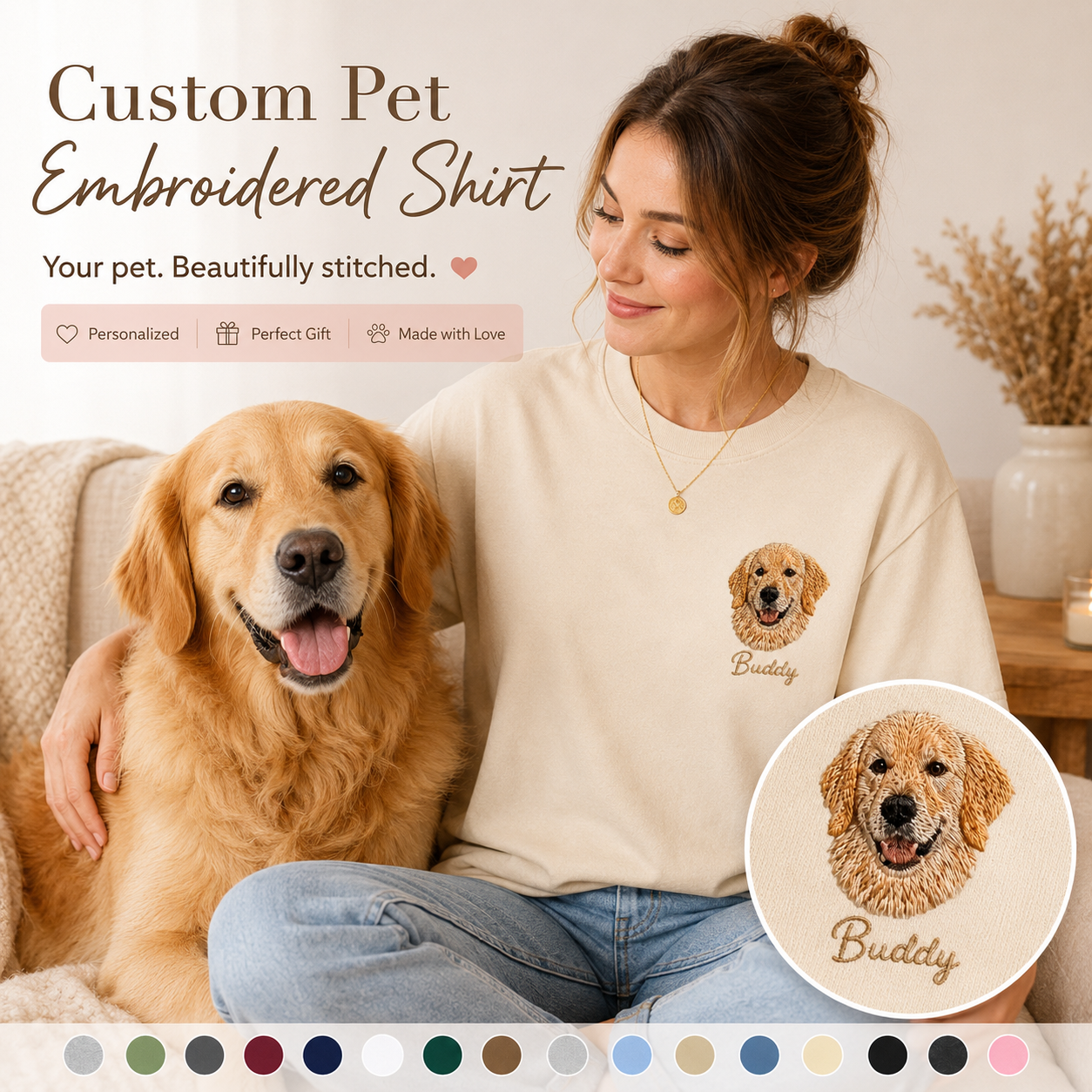 Custom Photo Dog Embroidered Unisex T-Shirt, Personalized Pet Portrait Shirt, Custom Dog Mom Dad Gift THUC99