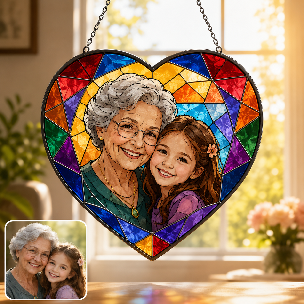 Personalized Mom Photo Glass Suncatcher, Custom Mother Child Window Hanging Gift THUC99