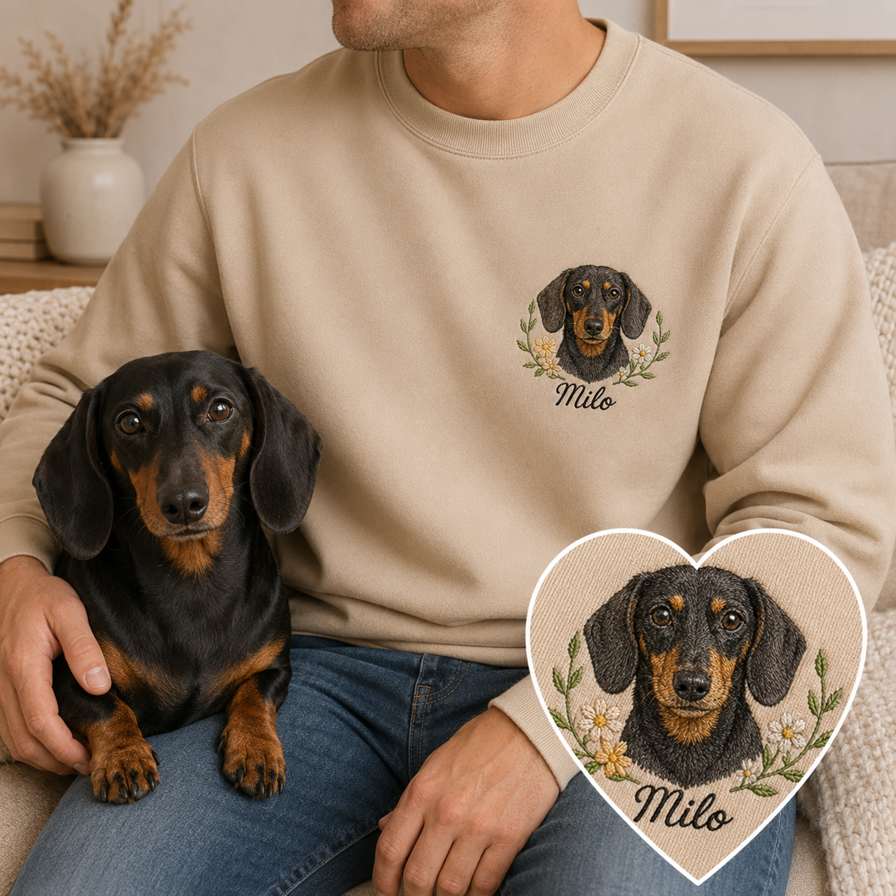 Custom Photo Dog Sweatshirt, Embroidered Pet Portrait Crewneck THUC99
