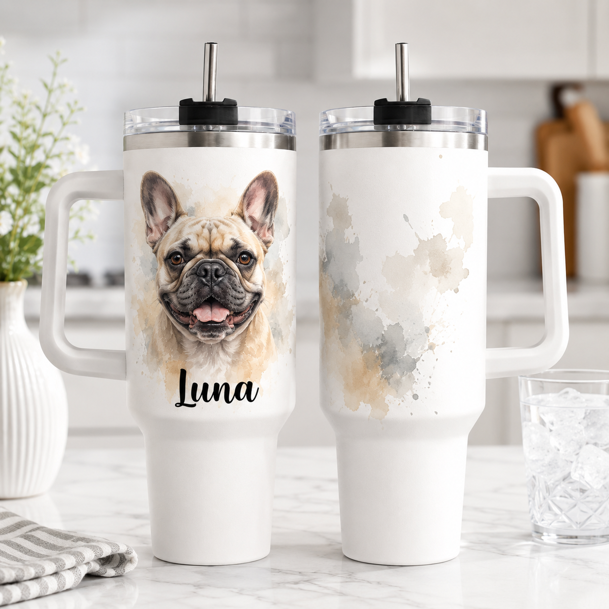Custom Dog Portrait Travel Mug 40oz – Personalized Pet Picture Tumbler for Dog Lovers THUC99